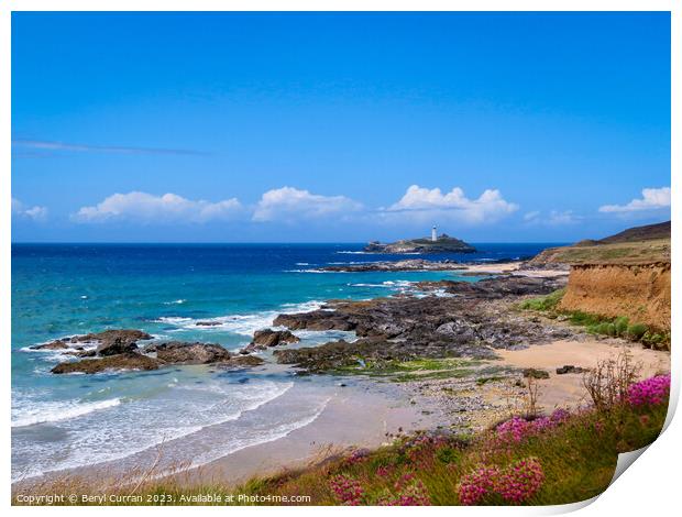 Panoramic Seascape of Godrevy Lighthouse Print by Beryl Curran