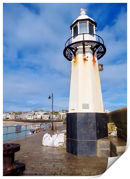 Smeaton’s Pier Lighthouse St Ives Print by Beryl Curran