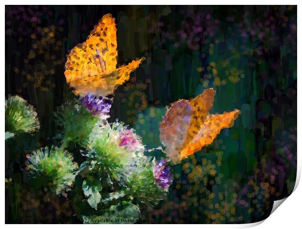 Orange Butterflies on Purple Thistles Print by Beryl Curran