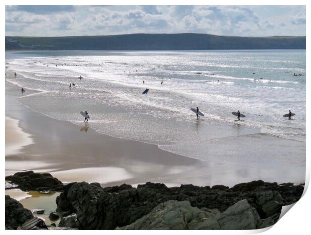 Riding the Waves at Woolacombe Beach Print by Beryl Curran