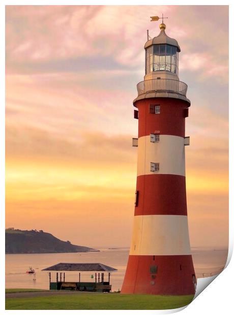 Smeaton’s Tower on Plymouth Hoe  sunset  Print by Beryl Curran