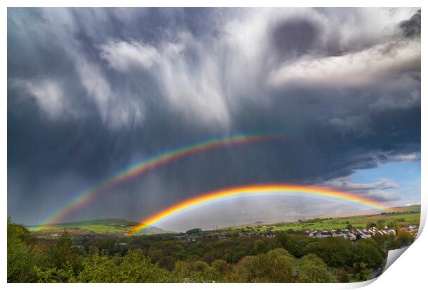 Dramatic skies over Derbyshire with double rainbow Print by John Finney