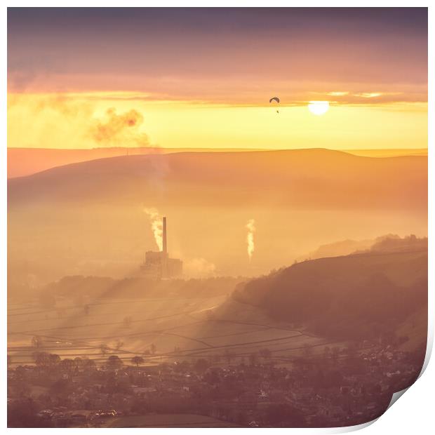 A powered paraglider over the village of Castleton Print by John Finney