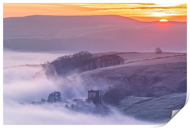 Peveril Castle at sunrise over fog. Peak District Print by John Finney