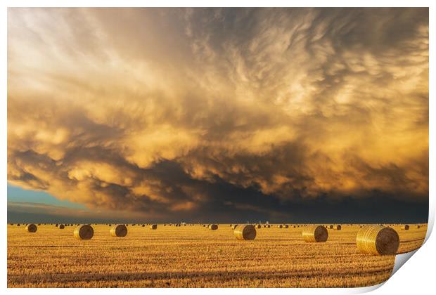 Mammatus clouds & Hay-bails at sunset Print by John Finney
