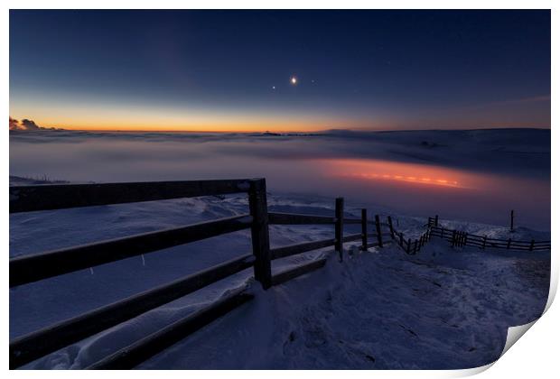 Winter conjunction over freezing fog and snow Print by John Finney