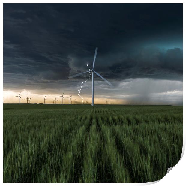 Lightning Bolt over a wind farm  Print by John Finney