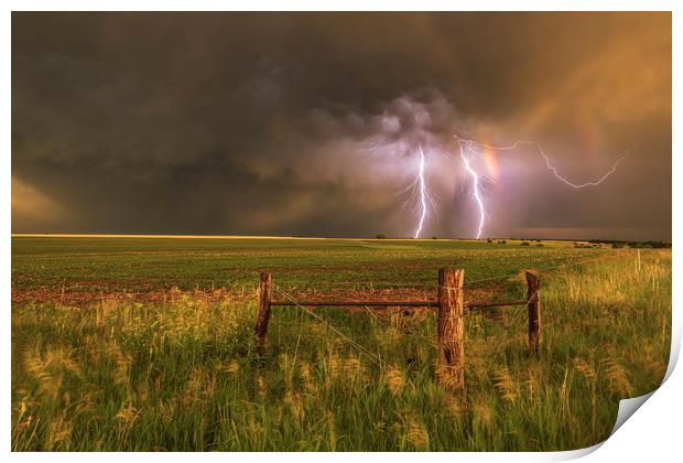 Double rainbow and lightning Print by John Finney