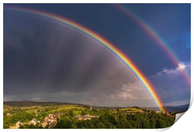 Double rainbow over St. George's Church, New Mills Print by John Finney