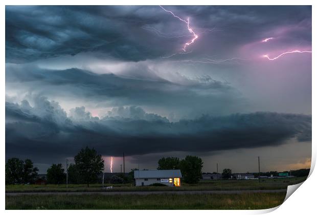 Forked Lightning Over a Montana Post Office, USA.  Print by John Finney