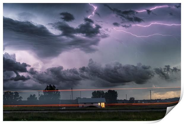 Forked Lightning Over a Montana Post Office, USA.  Print by John Finney