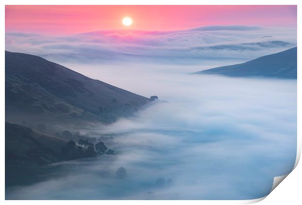 Sunrise over flowing fog above Edale Valley Print by John Finney