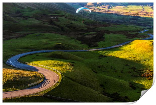 Paraglider over Edale Valley at sunset Print by John Finney