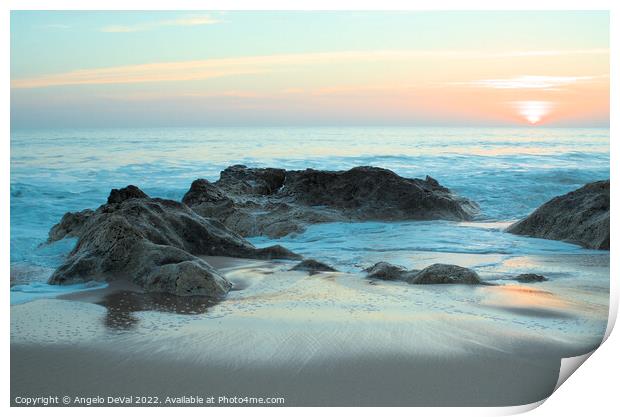 Waves, rocks and sunset in Salgados Print by Angelo DeVal