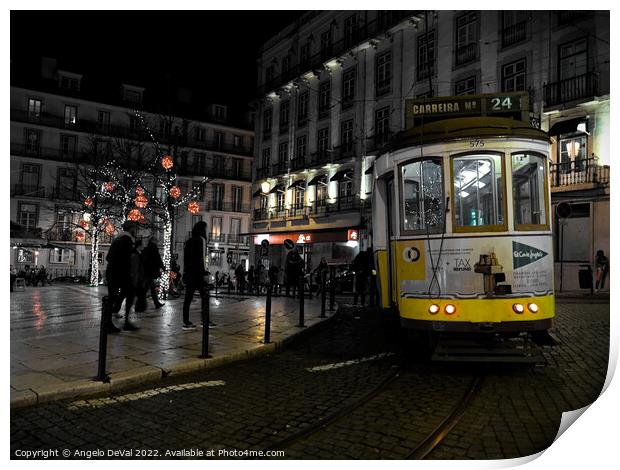 Electrico at night in Lisbon Print by Angelo DeVal