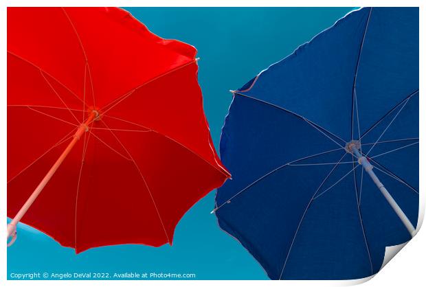 Red and Blue Beach Umbrellas Print by Angelo DeVal