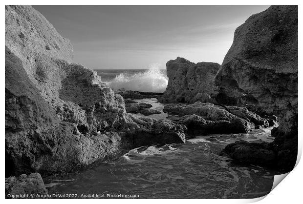 Wave Crushing Rocks in Gale Beach - Monochrome Print by Angelo DeVal