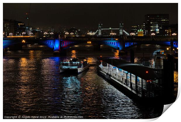 River Thames Boat and Bridges Scene - London Print by Angelo DeVal