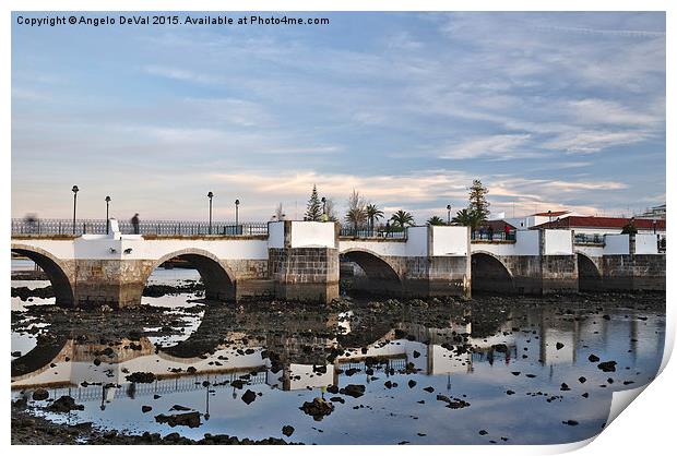 Antique bridge of Tavira and reflections Print by Angelo DeVal