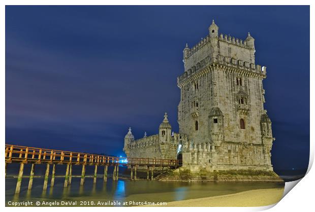 Torre de Belem at night in Lisbon Print by Angelo DeVal