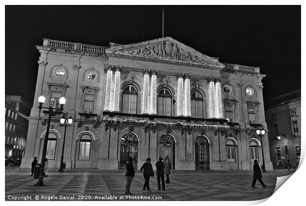 Lisbon City Hall at night during Christmas Print by Angelo DeVal