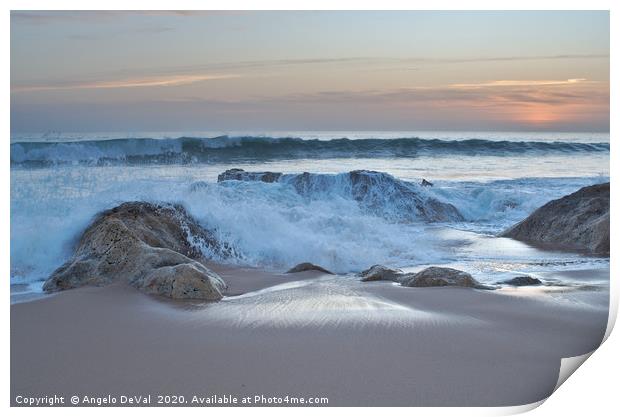 Crushing waves in Salgados beach at sunset 2 Print by Angelo DeVal