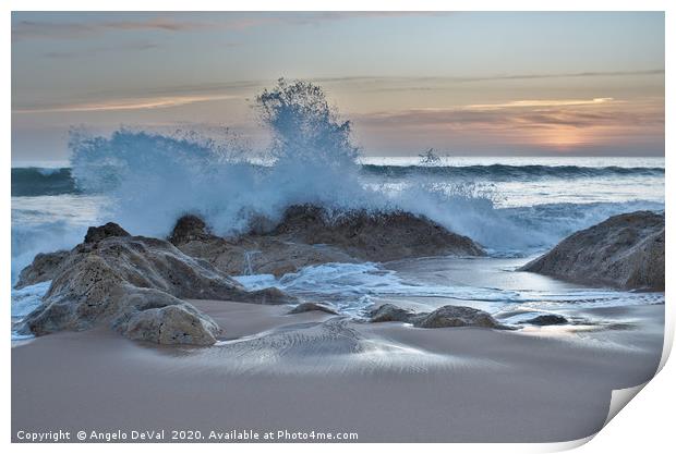 Crushing waves in Salgados beach at sunset 3 Print by Angelo DeVal
