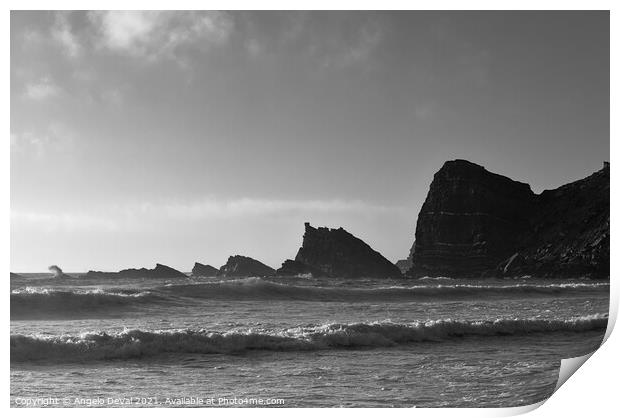 Amalia Beach Rocky Cliffs in Monochrome Print by Angelo DeVal