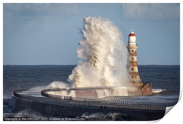 Roker Lighthouse and Waves Print by Ray Pritchard