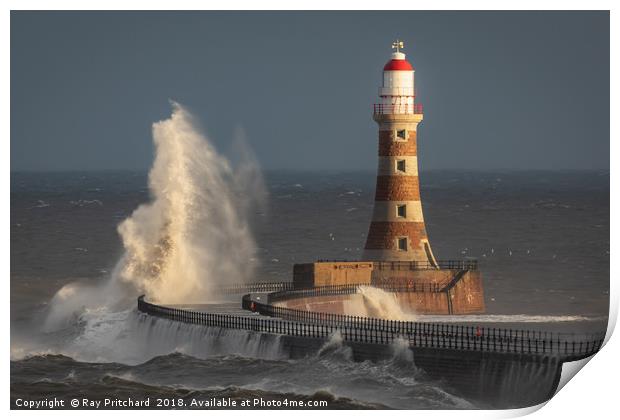Breaking Waves at Roker Lighthouse Print by Ray Pritchard