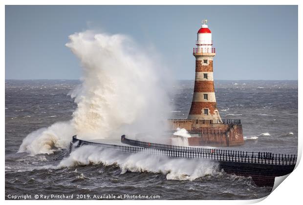 Rough Sea at Roker Lighthouse Print by Ray Pritchard