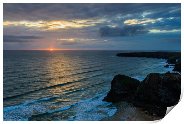 Sunset at Bedruthan steps, cornwall,   Print by chris smith