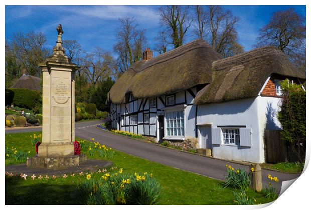 Thatched Cottage and War Memorial Wherwell,Hampshi Print by Philip Enticknap