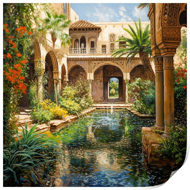 courtyard overseeing water pond Print by Zahra Majid