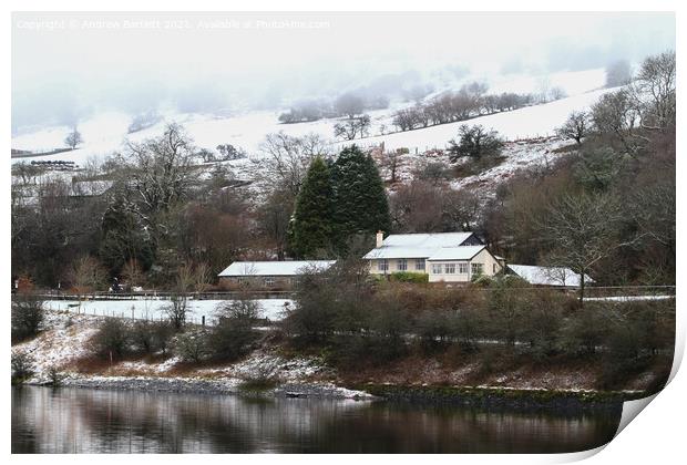 Snowy scenes at Pontsticill reservoir, Merthyr Tydfil, South Wales, UK Print by Andrew Bartlett