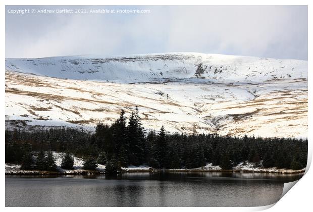 Snow at Beacons reservoir, South Wales, UK Print by Andrew Bartlett