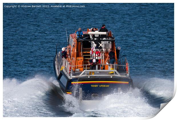 Tenby Lifeboat at launch, Pembrokeshire UK.   Print by Andrew Bartlett
