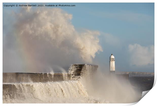 Porthcawl waves smash against the Lighthouse Print by Andrew Bartlett