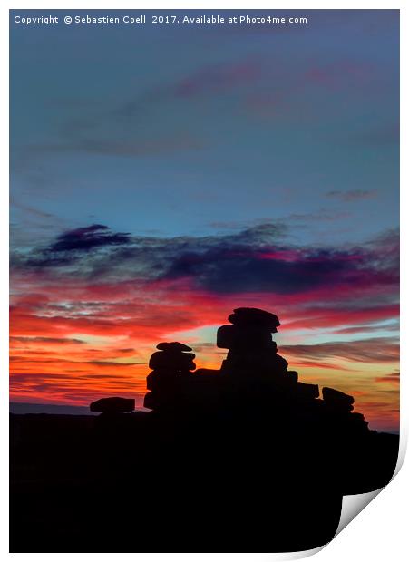 The redsky dances above great staple tor on Dartmo Print by Sebastien Coell
