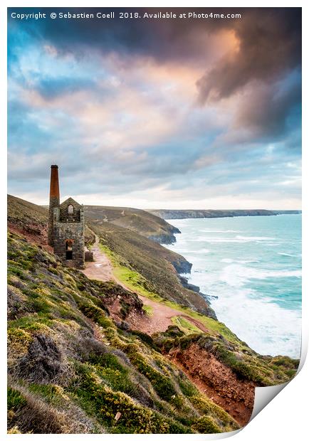 Towanroath mineshaft on the Cornish coastline Print by Sebastien Coell