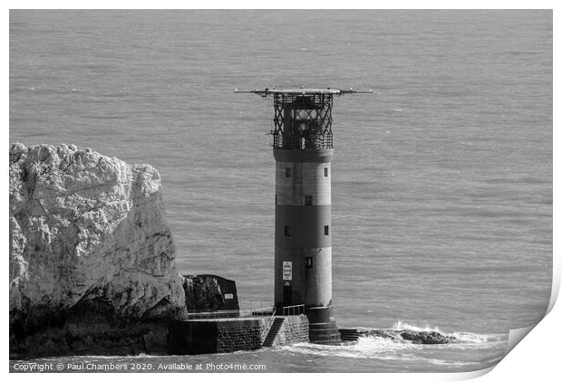 The Needles Lighthouse is an active 19th century lighthouse on the outermost of the chalk rocks at The Needles on the Isle of Wight in the United Kingdom Print by Paul Chambers