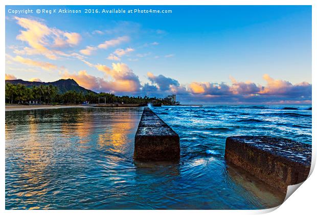 Waikiki Sunrise Print by Reg K Atkinson