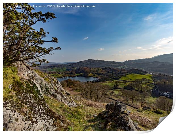 Loughrigg Tarn and Crag Head Print by Reg K Atkinson