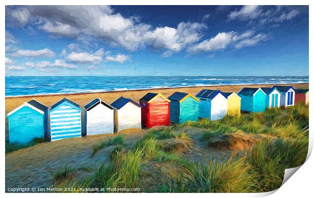 Southwold beach huts Print by Ian Merton