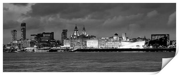 Liverpool Waterfront at Night B&W Print by John Hickey-Fry