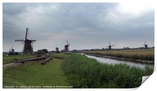 Kinderdijk windmills in the Netherlands Print by Lawson Jones