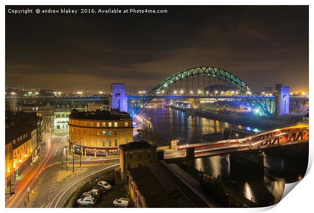 Newcastle Quayside at night from High Level Bridge Print by andrew blakey