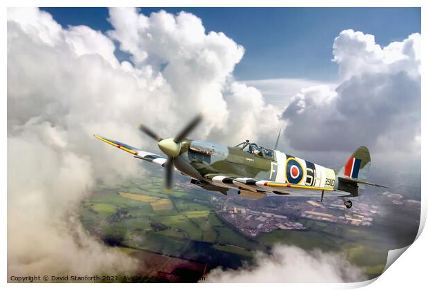 Spitfire breaks through the clouds Print by David Stanforth