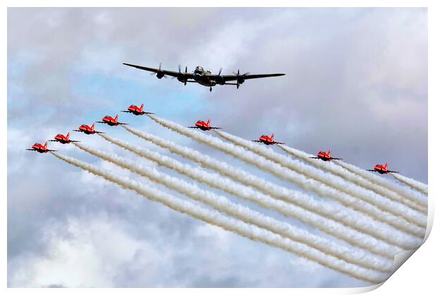 Lancaster and Red Arrows in formation Print by David Stanforth