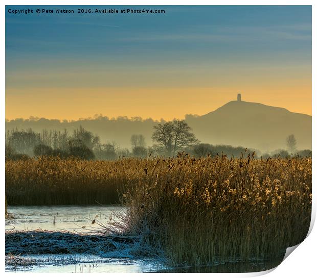 Glastonbury Tor shrouded in early morning mist. Print by Pete Watson